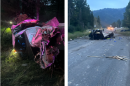 The remains of a pickup truck that ran off the side of Teton Pass on Wednesday. The driver was life-flighted while the passenger, a Colorado man who was not wearing a seatbelt, was pronounced dead at the scene.