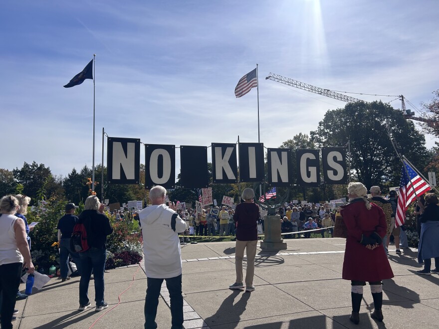  A couple thousand State College community members, Penn State students and even college students’ parents visiting for the weekend showed up for the “No Kings” protest on Old Main lawn on Oct. 18, 2025. 