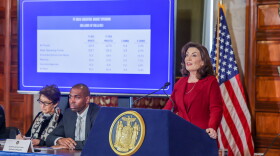 Gov. Kathy Hochul presents her fiscal year 2024 executive budget proposal on Feb. 1, 2023, in the Red Room at the State Capitol.