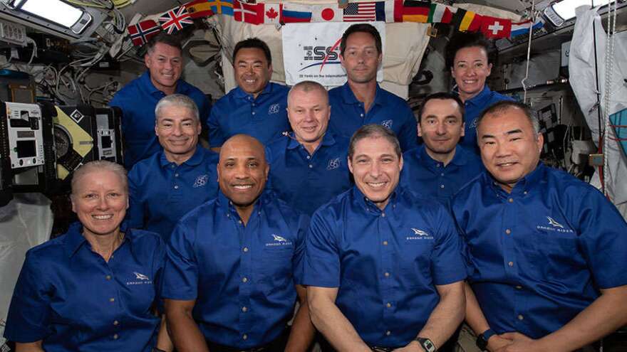 The 11-member crew aboard the station is actually a combination of three different crews. The four Space Crew-2 astronauts are in the back row. The three-person crew of the Soyuz MS-18 crew ship is in the middle row. In the front row, is the SpaceX Crew-1 foursome. Photo: NASA