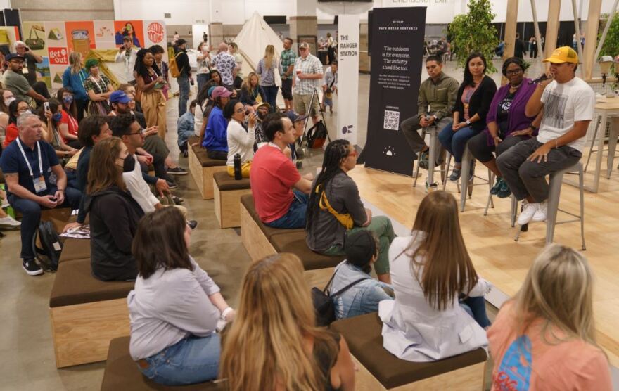 Michael Mojica, Martha Y. Díaz, Charlotte Young Bowens, and Joey Montoya at the Path Ahead Ventures Panel discussion, sponsored by REI at the Outdoor Retailer Summer Market in the Colorado Convention Center in Denver on June 9.