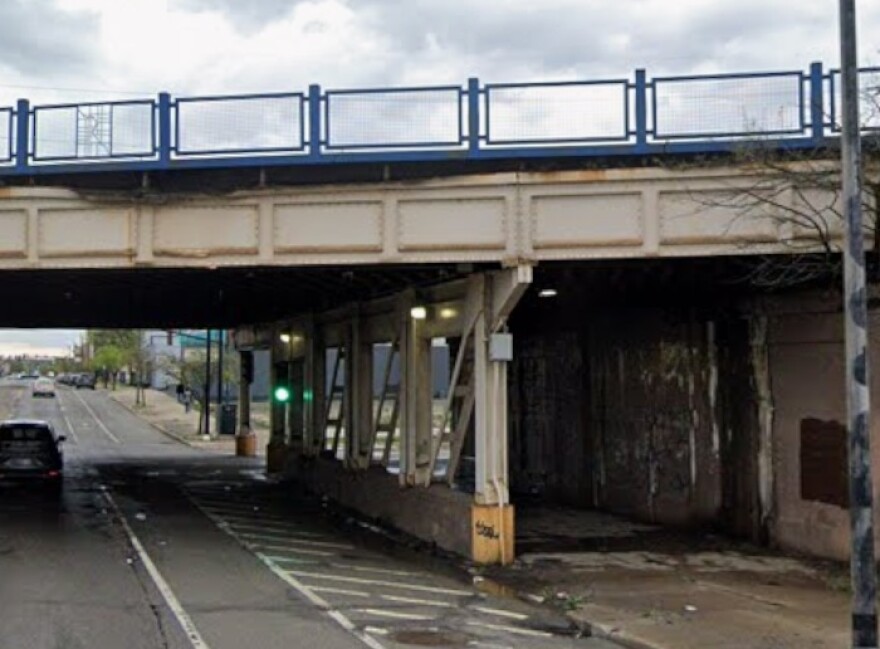 The Michigan Street railroad viaduct, looking south, in downtown South Bend.