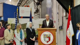 Ithaca Mayor Laura Lewis, Ithaca area Assemblymember Anna Kelles and Tompkins County Legislator Deborah Dawson with Senate Majority Leader Chuck Schumer. (Megan Zerez/WSKG)