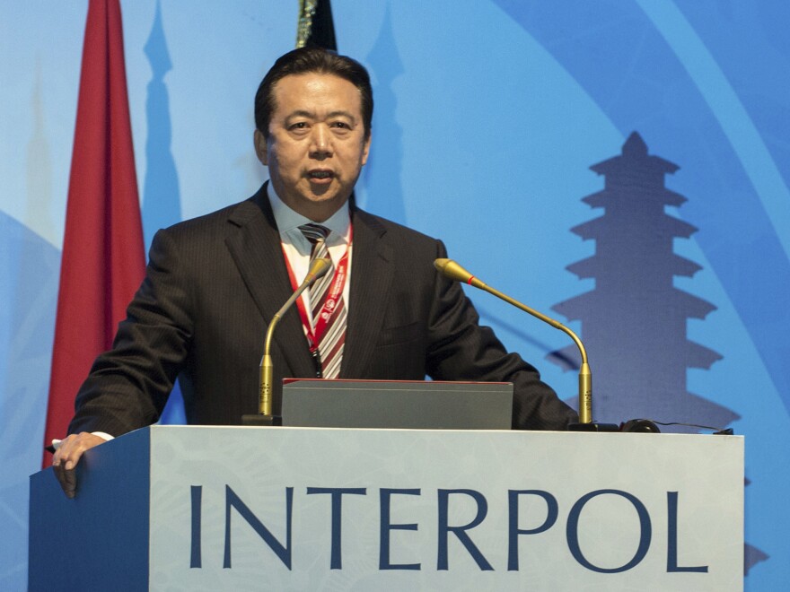 Former Interpol President Meng Hongwei, pictured at an Interpol conference in 2016, pleaded guilty to bribery charges on Thursday, according to Chinese state-run media.