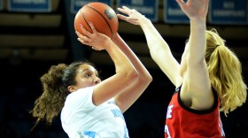  N.C. State's Elissa Cunane challenges a shot by UNC's Alexandra Zelaya on Jan. 30, 2022 at UNC's Carmichael Arena in Chapel Hill.