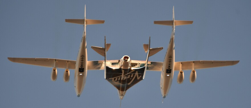 A close-up of Virgin Galactic's SpaceshipTwo, seen Thursday during a test flight in Mojave, Calif. The craft, known as the VSS Unity, took off attached to an airplane, then fired its rocket motors to reach new heights.