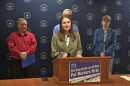 State Representative Penelope Tsernoglou (D-East Lansing) speaks at a February 23, 2026, news conference announcing legislation to put guardrails around AI monitoring of employees' computer use.