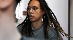WNBA star and two-time Olympic gold medalist Brittney Griner is escorted to a courtroom for a hearing. (Alexander Zemlianichenko/AP)