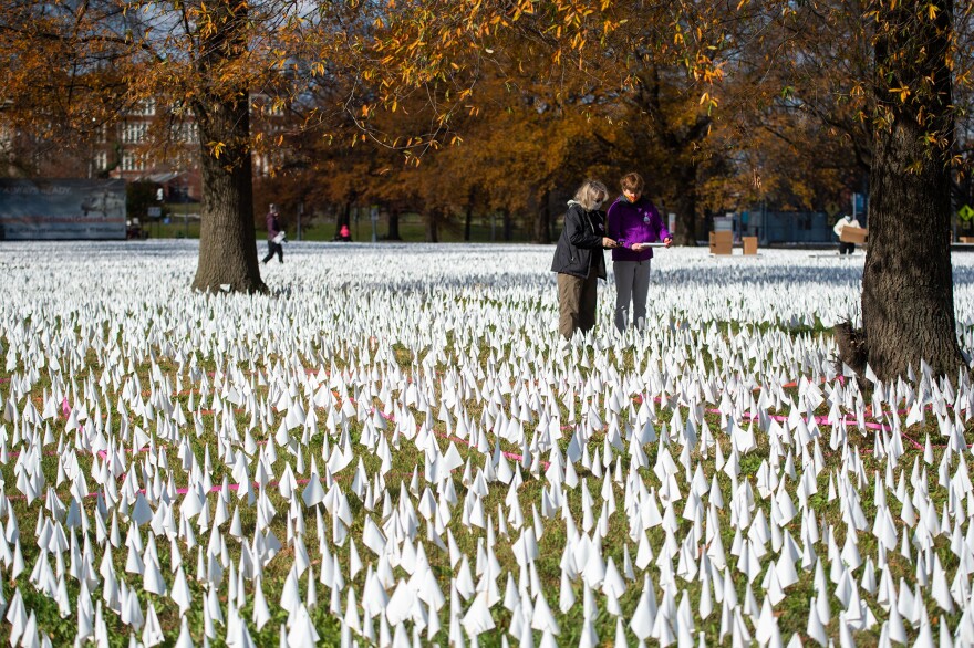 Dozens of volunteers helped geotag and collect flags in an art installation dismantled last month. Some flags had been personalized with inscriptions by family members or friends of those who died.