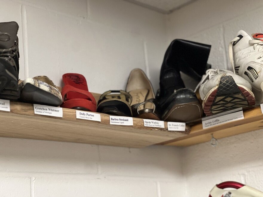 A row of shoes on display in the East Jordan Shoe Club's "Shoe Museum."