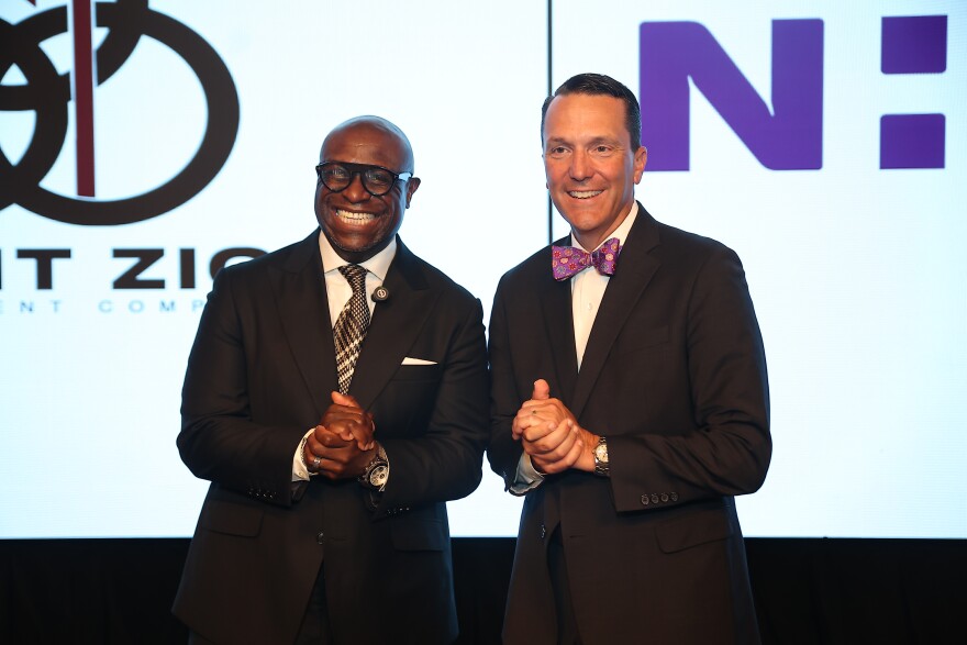 A photo of Mount Zion Baptist Church senior pastor Bryan J Pierce Sr. and Dr. Chan Badger, senior vice president and president of Novant Health primary care services.