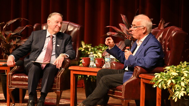 David Brooks (right) speaks with Florida State University President Richard McCullough (left) during a speaking event hosted by FSU’s Institute for Governance and Civics at Ruby Diamond Concert Hall on Sept. 10.