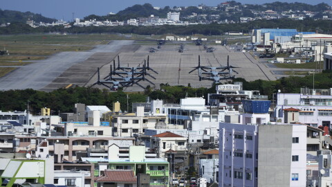 U.S. MV-22 Osprey transport aircraft are parked at the U.S. Marine Corps Air Station Futenma in Ginowan, on the main island of the Okinawa archipelago, southern Japan, Tuesday, Feb. 18, 2025. 