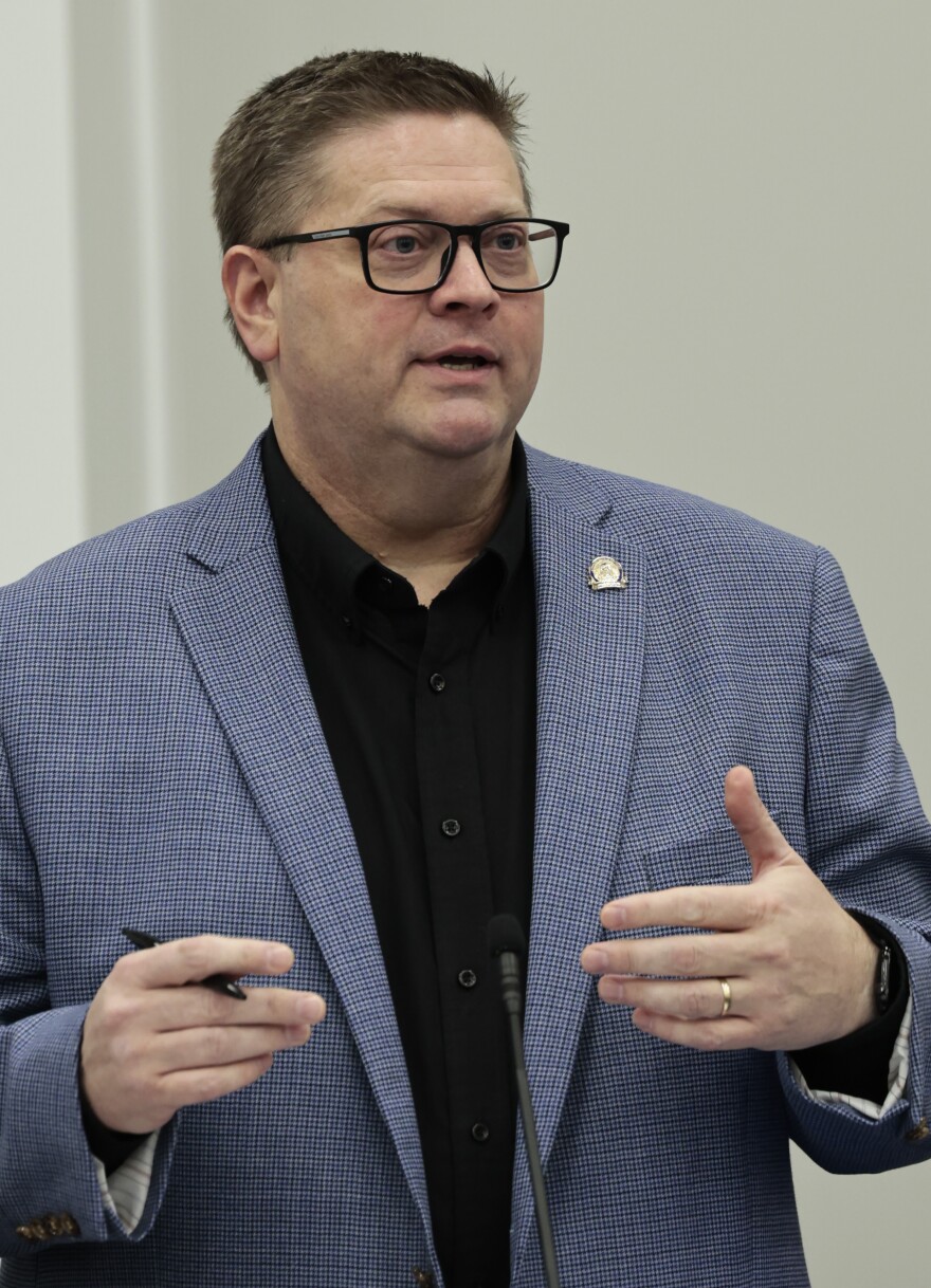FRANKFORT, Feb. 26 – Rep. Jason Petrie, R-Elkton, presents House Bill 500, an act related to the executive branch budget, on the House floor Thursday.