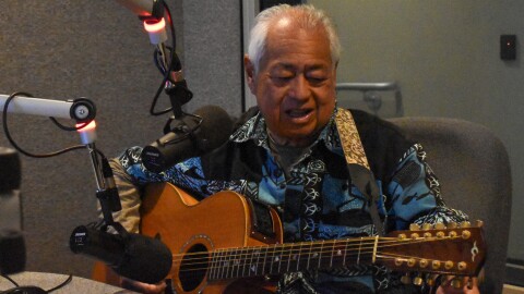 George Kahumoku Jr. plays the slack key guitar in KJZZ's studios on Jan. 15, 2026.