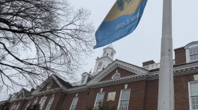 Delaware's state flag and capital building in Dover.
