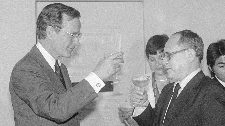 Former Vice President George H.W. Bush met with El Salvador's President Ãlvaro Magaña in 1983. During the toast, Bush relayed President Ronald Reagan's concern over killings by right-wing death squads. Stephanie van Reigersberg (center) was Bush's interpreter.