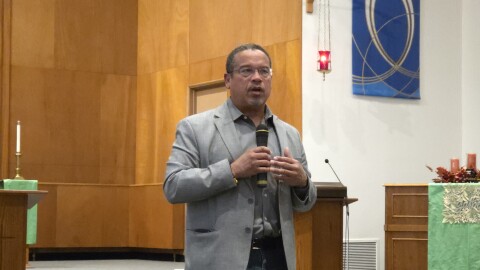 Minnesota Attorney General Keith Ellison highlights recent action his office has taken against the Trump administration at a community forum in Bemidji's United Methodist Church on Oct. 7, 2025.