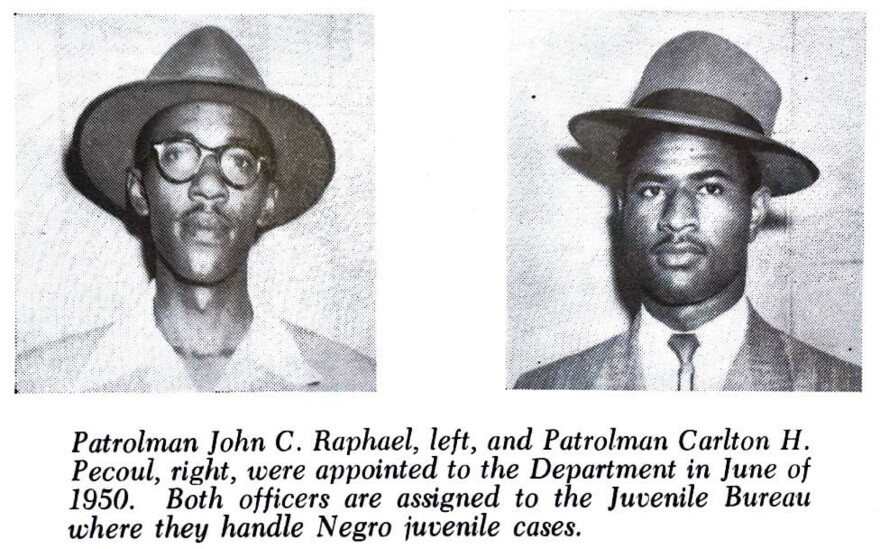 Patrolmen Carlton Pecoul and John Raphael Sr., the first Black officers hired by the NOPD in the 20th century, pictured in a 1951 edition of Our Beat.
