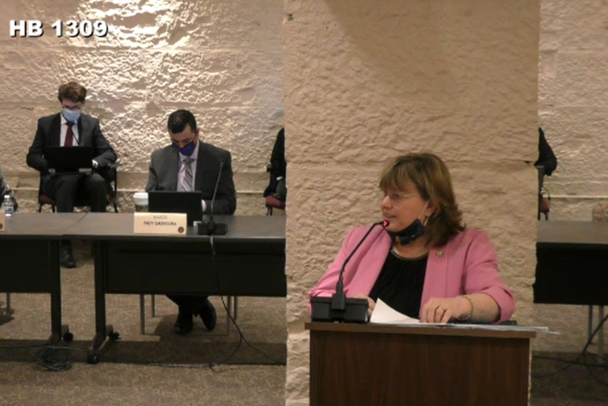 Rep. Karen Engleman (R-Georgetown) presents House Bill 1309 to the Senate committee on Pensions and Labor.