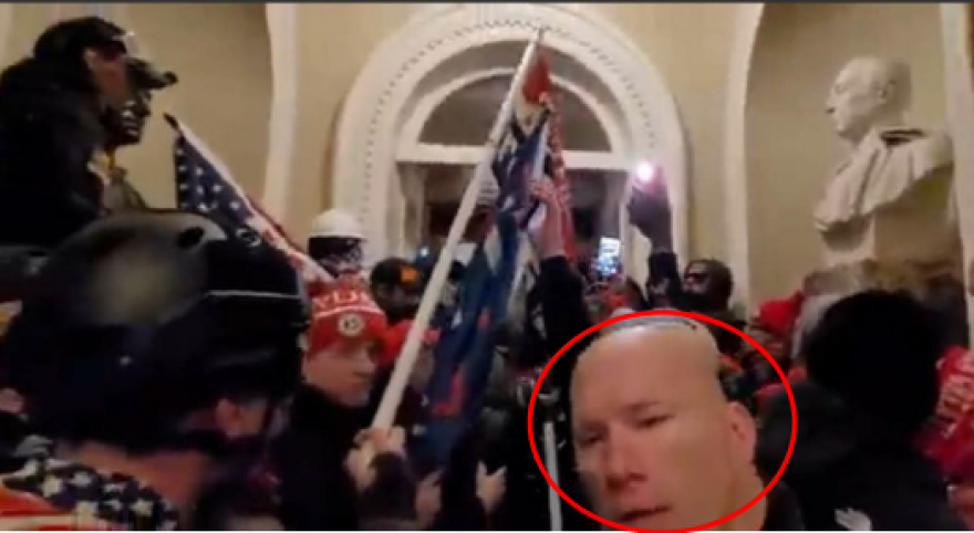 In another video still image from the FBI affidavit, Jeffrey W. Hubbard (circled in red) is inside the U.S. Capitol with other pro-Trump rioters who stormed the building in an attempt to reverse the 2020 presidential election results.