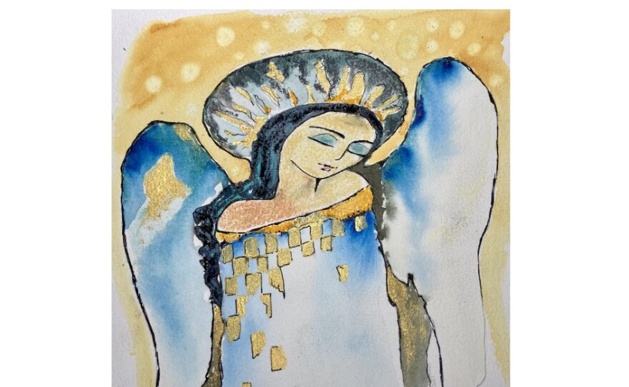  An angel painting incorporating watercolor and gold leaf elements. The angels wings and gown are blue and the background is gold. Her hair is black and she is wearing a crown.