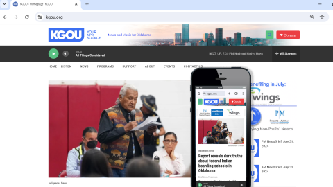 Screenshot of KGOU homepage on a desktop computer and on a mobile phone