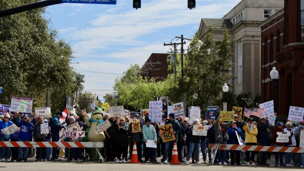 No Kings protestors gathered on Princess Street in front of Innes Park.