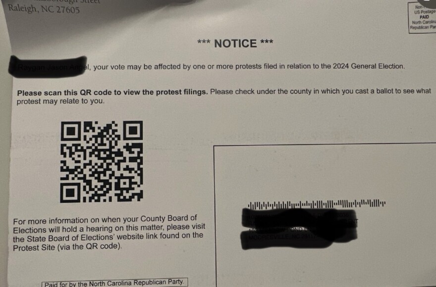 The North Carolina Republican Party has sent postcards to voters whose ballots in the 2024 General Election are being challenged.