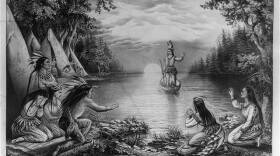Currier & Ives lithograph featuring Hiawatha’s departure. 1865