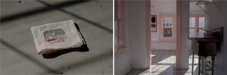 (LEFT) A hand towel made by a dedicated customer at the Cookie Cottage. (RIGHT) The interior of the Cookie Cottage.