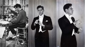 Three black and white images of a young Leonard Bernstein conducting at Tanglewood.