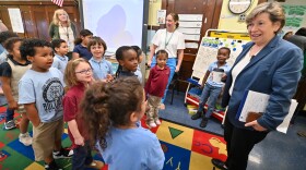 Randi Weingarten, president of the American Federation of Teachers, talks with students in Kerri Gaughan's kindergarten class at John Adams Elementary School in Scranton.