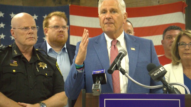 Nassau County Executive and Republican candidate for governor Bruce Blakeman, at a rally at Gates Town Hall on Monday, Aug. 17.