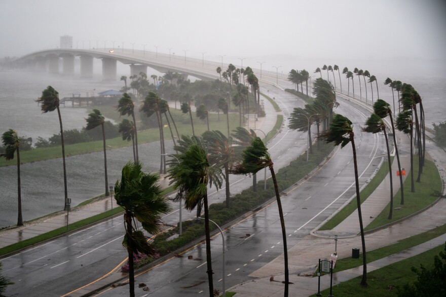 Wind gusts blow across Sarasota Bay as Hurricane Ian churns to the south on Wednesday in Sarasota, Fla.