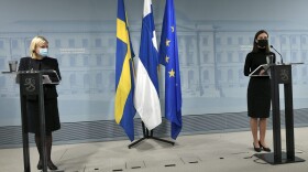 The Prime Minister of Sweden Magdalena Andersson (L) and the Prime Minister of Finland Sanna Marin give a joint press conference in Helsinki, Finland on December 8, 2021. (Markku Ulander/Lehtikuva/AFP via Getty Images)