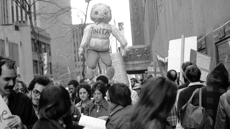 About 100 activists demonstrate at the NBC Building in Manhattan on Nov. 3, 1977, to protest the airing of a taped interview with Anita Bryant on the network's <em>Today</em> show.