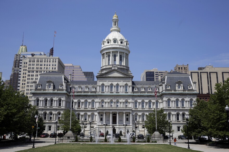 Baltimore's City Hall building faces a public square, Tuesday, July 8, 2014, in Baltimore. (AP Photo/Patrick Semansky)