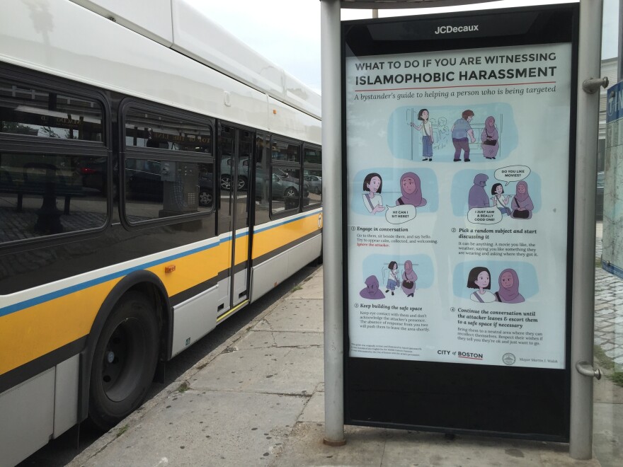 New signs in Boston encourage bystanders to intervene if they see Muslims being harassed.
