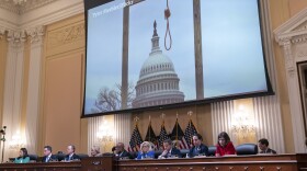 An image of a mock gallows on the grounds of the U.S. Capitol on Jan. 6, 2021, is shown at a House select committee investigating the Jan. 6 attack on the U.S. Capitol hearing.