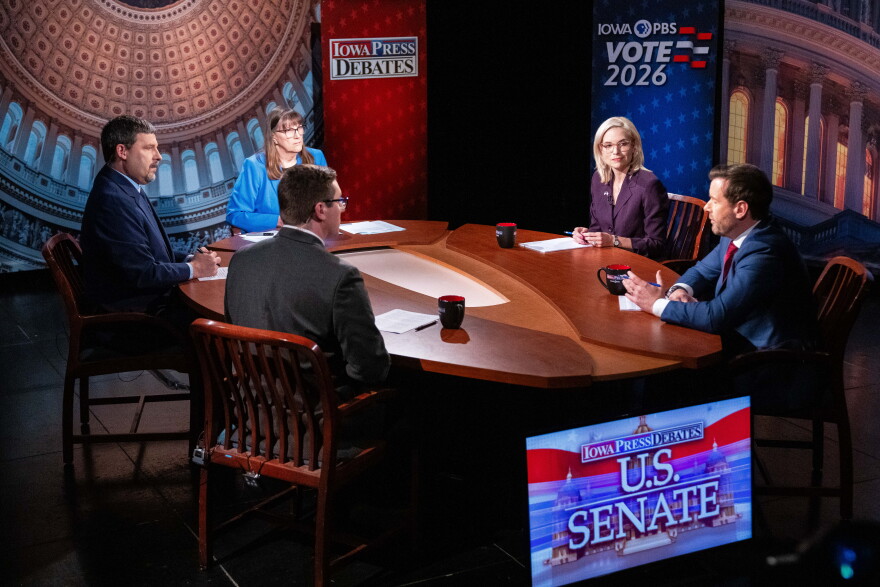 U.S. Senate candidates Ashley Hinson and Josh Turek take questions during a debate on Oct. 7, 2026, at Iowa PBS in Johnston.