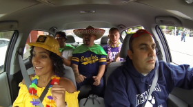 Steve Zrike (right), superintendent of Holyoke Public Schools and host of a back-to-school carpool karaoke.