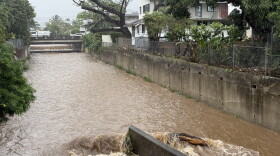 Water rushes down Mānoa Stream, Oʻahu, on March 23, 2026.