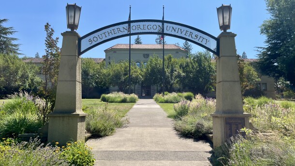 The archway in front of Southern Oregon University's Churchill Hall.