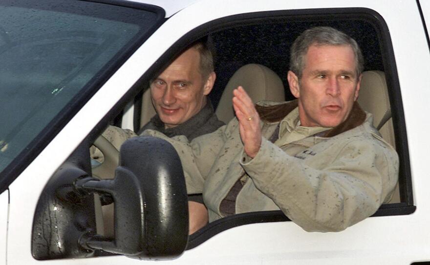 President George W. Bush drives Russian President Vladimir Putin at Bush's ranch in Crawford, Texas, in 2001. At an earlier meeting, Bush said of Putin, "I was able to get a sense of his soul." But relations would soon sour.