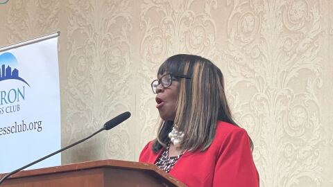 Akron Superintendent Mary Outley speaking during her annual State of the Schools speech at the Akron Press Club.