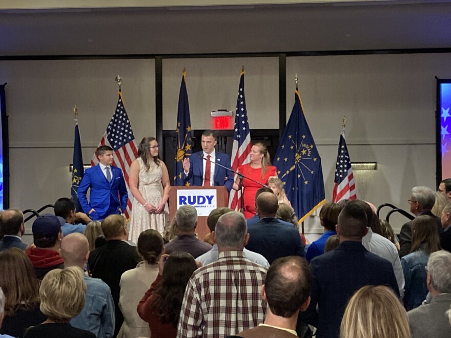 Republican Rudy Yakym gives his victory speech on Tuesday, Nov. 8.