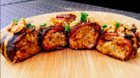 Bacon and boudin "sushi" is a creation from the cook-off team Smokeshow Cook Squad at Hogs for the Cause