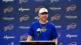 Buffalo Bills head coach Joe Brady speaks during a news conference after an NFL football game against the Los Angeles Chargers, Sunday, Sept. 27, 2026, in Orchard Park, N.Y.