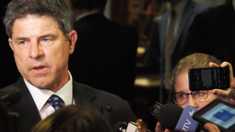 Senate Pro Tem Rodric Bray speaks to the press at sine die on March 8, 2024.